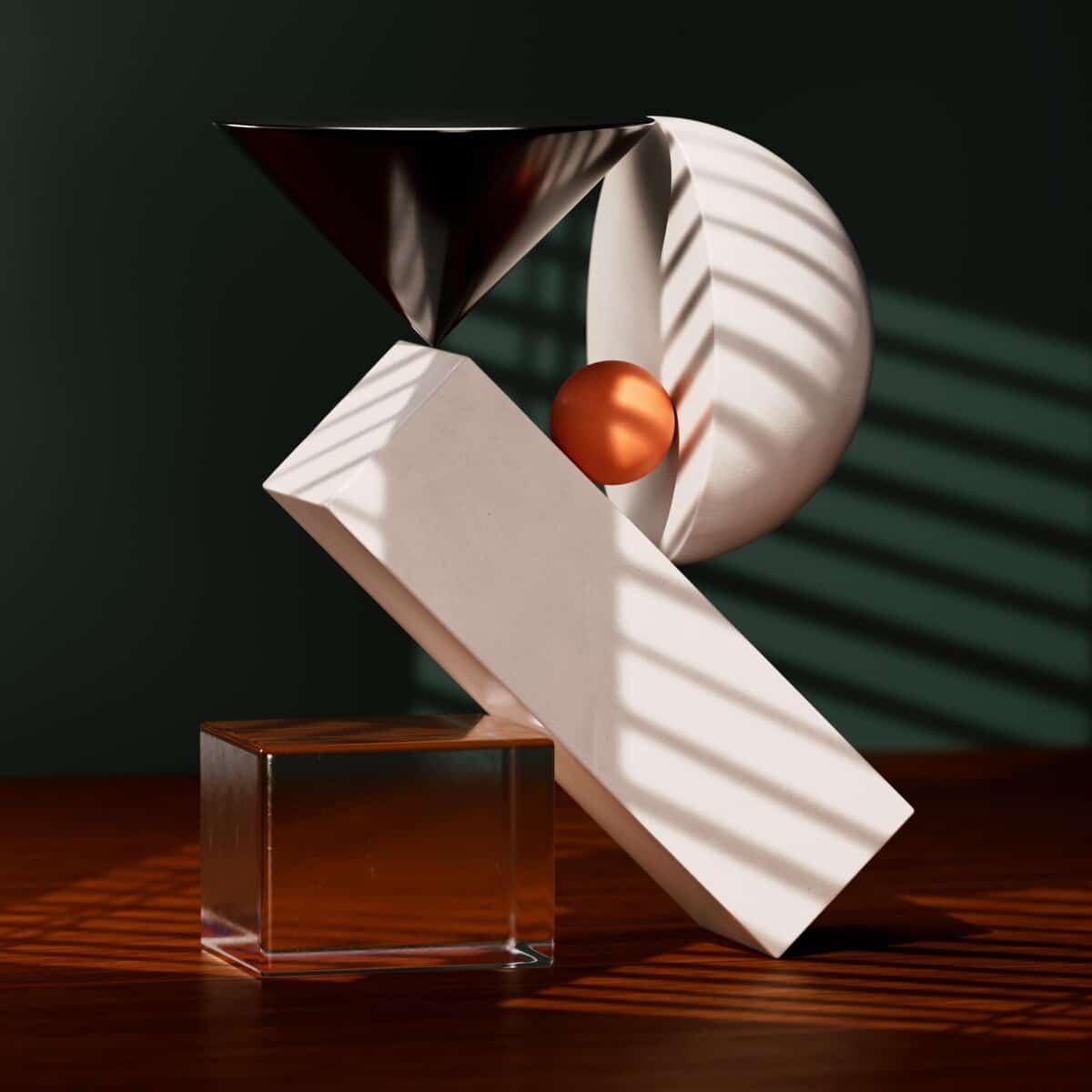 Metal and geometric abstract sculpture with diverse shapes, shadows, and warm lighting for modern art decor.
