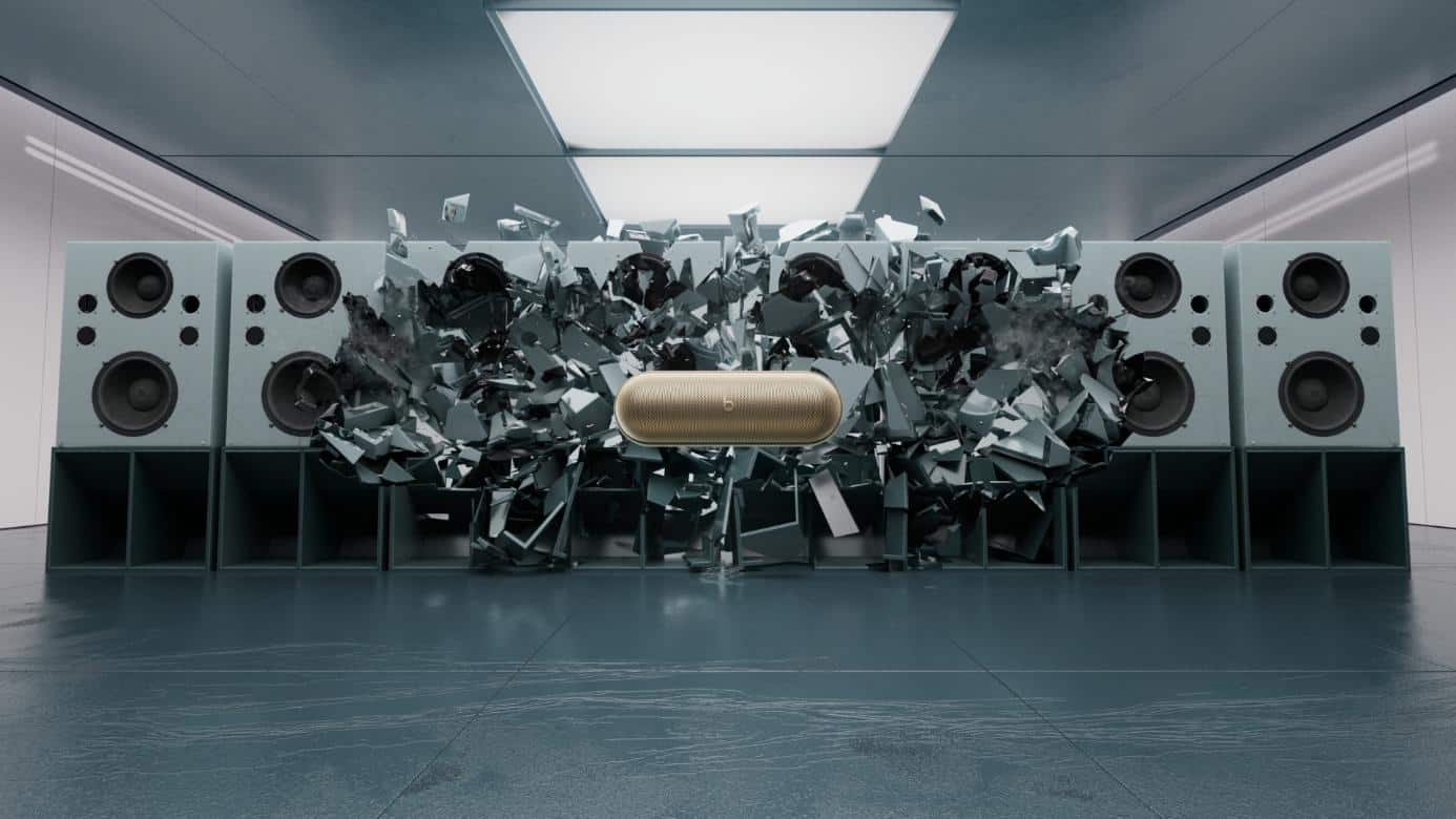 High-tech sound system with shattered speakers and a central wireless speaker in a modern, futuristic room.