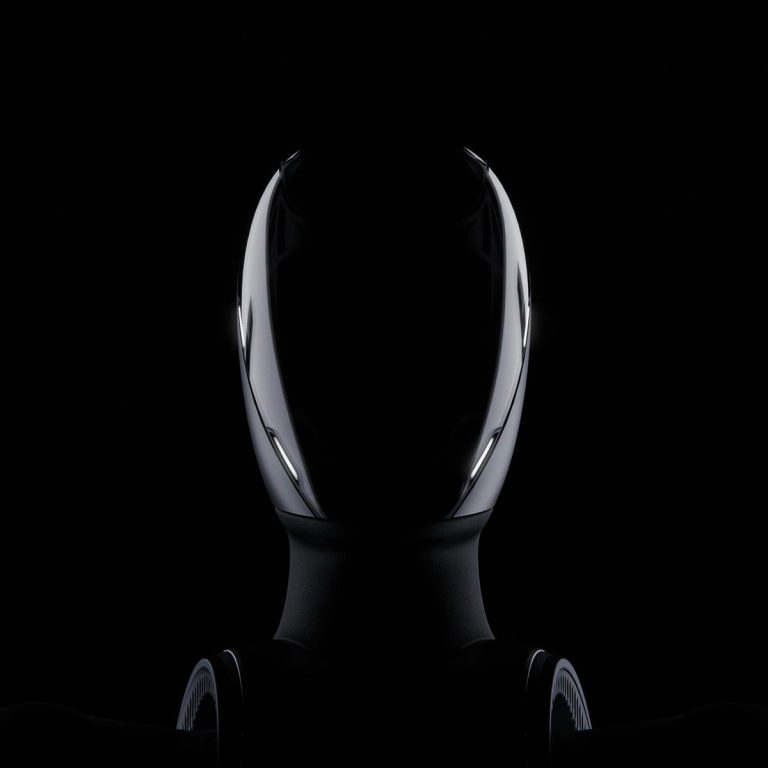 Tendril translating complex engineering of Figure F.02 into real narrative Futuristic robotic helmet with sleek, illuminated design on dark background.