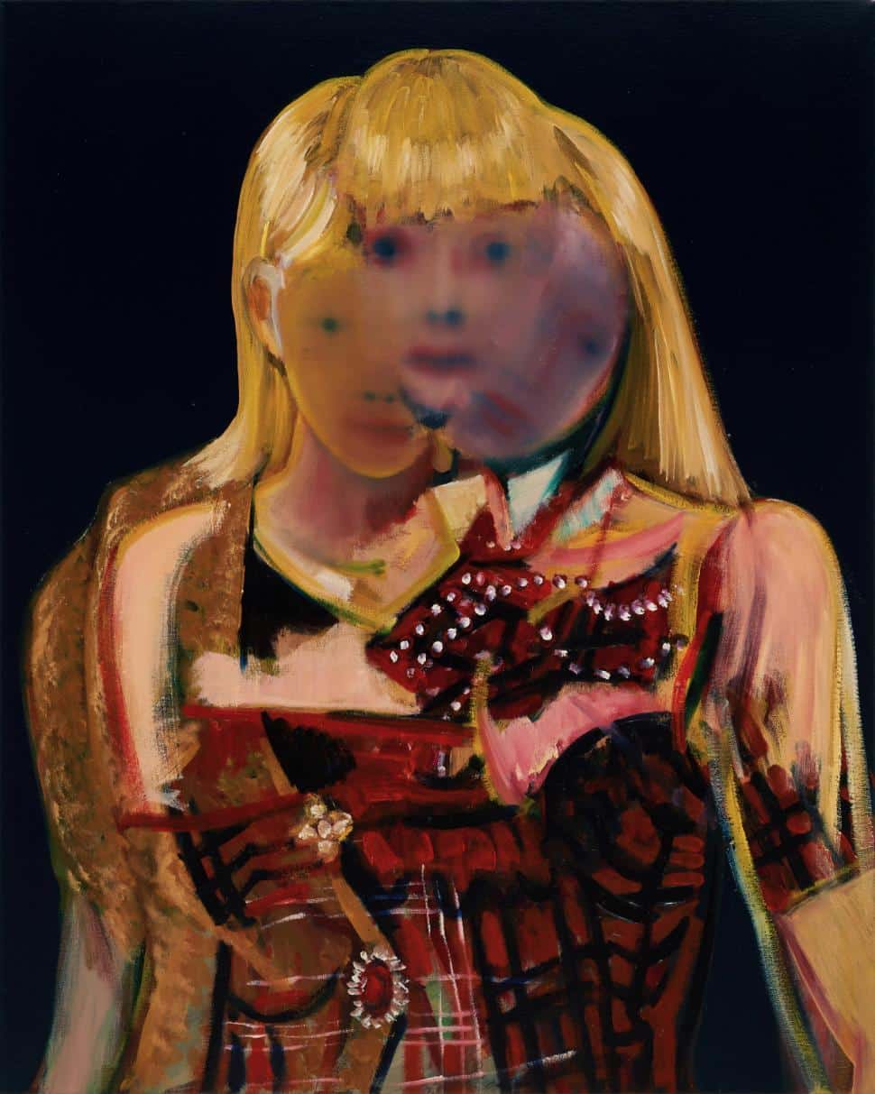 Girl with blonde hair in a colorful patterned dress, abstract portrait art, modern painting style, vibrant and expressive artwork, visualatelier8.