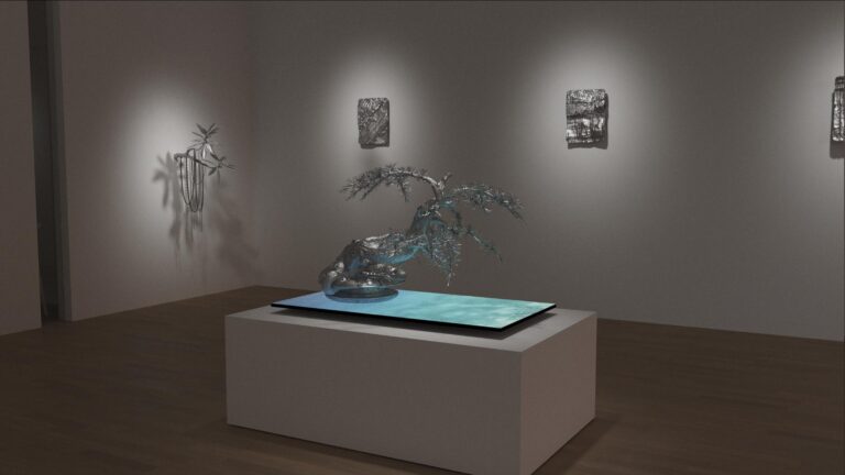 Timur Si Qin solo exhibition at Albion Jeune exploring ecology, culture, and spirituality Elegant bonsai sculpture displayed on a pedestal in a contemporary art gallery.