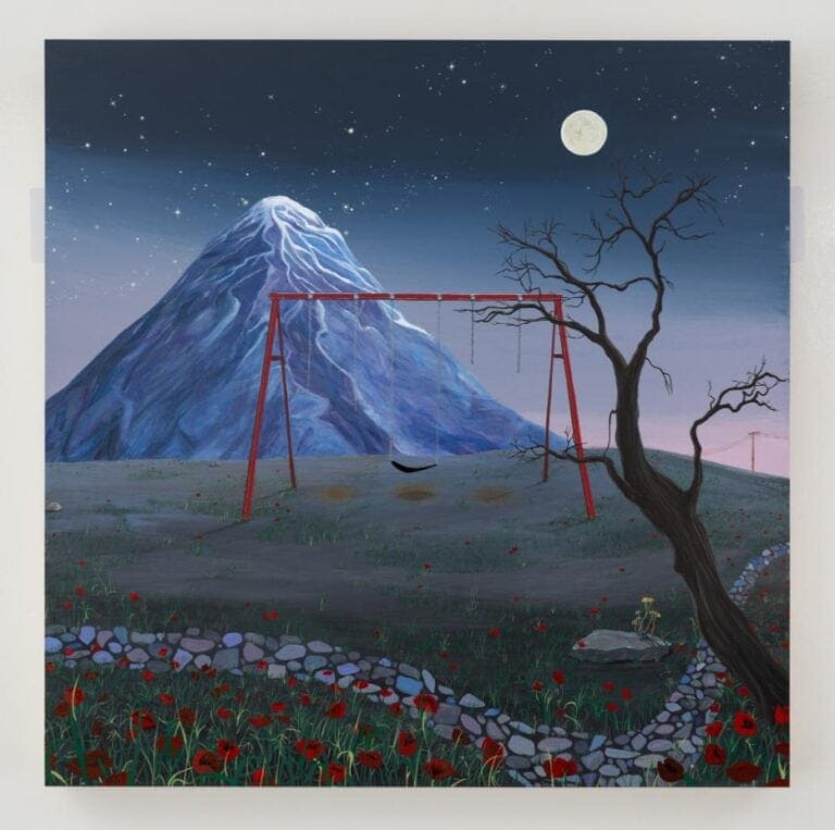 Timeless dreamscapes: Azadeh Nia’s A Silent Volcano at Fridman Gallery Mountain landscape with swing, moonlit night, colorful flowers, and a twisted tree - surreal nature scene for wall art.