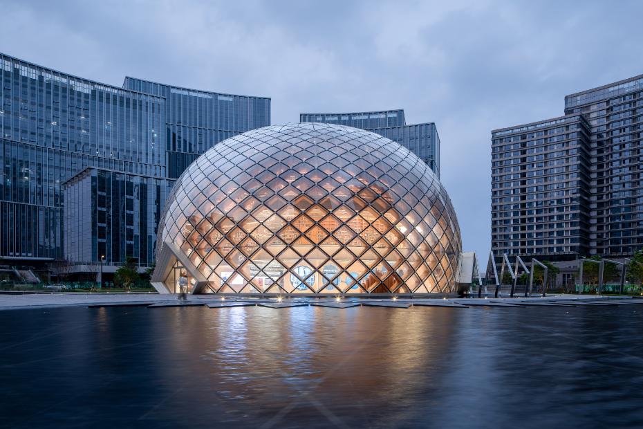Futuristic Geodesic Dome Architecture in an Urban Setting.