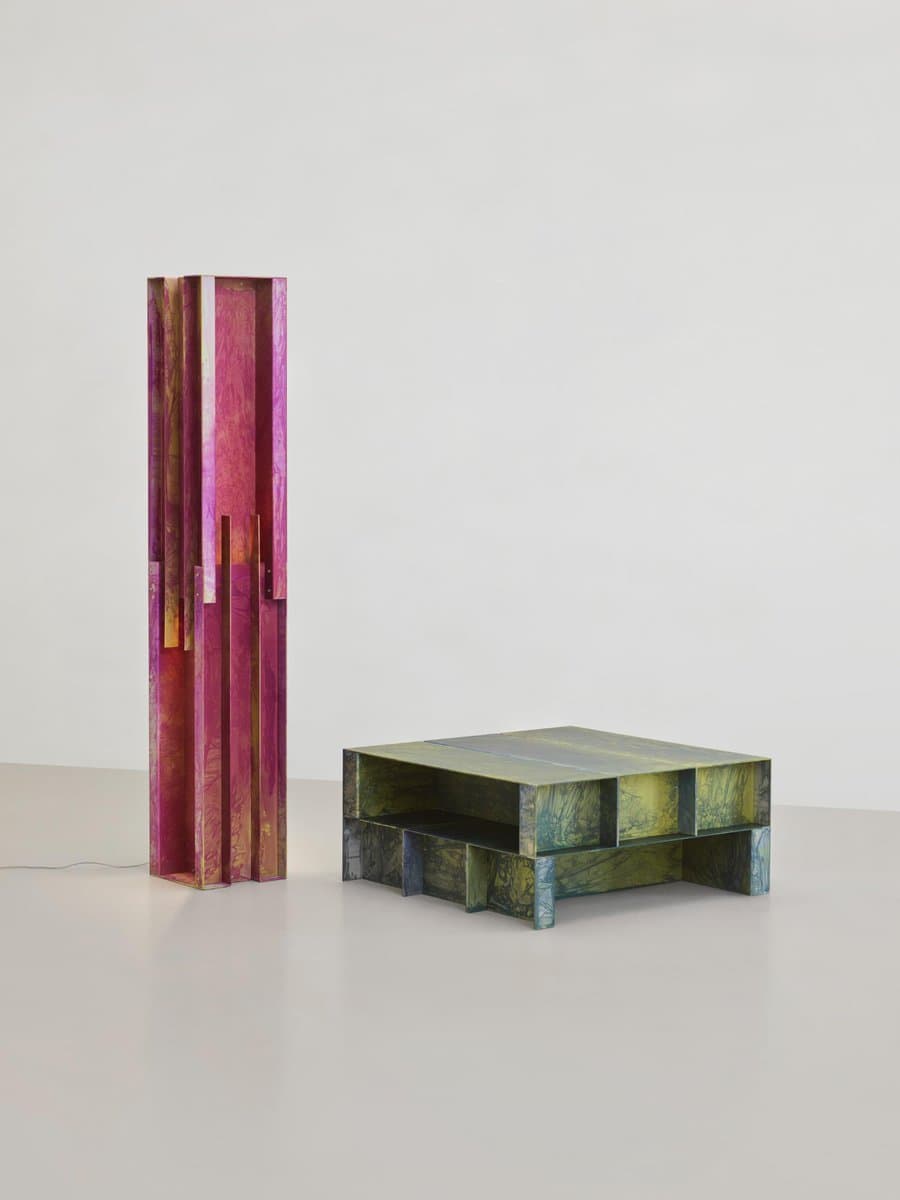 Colorful abstract art sculptures by Visual Atelier 8, modern minimalist design furniture and art installation.