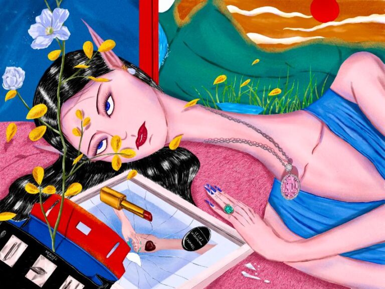 Wowser Ng capturing the pulse of modern culture through digital painting Elegant woman with long black hair lying on pink textured surface with makeup and jewelry.