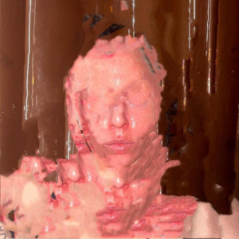 TESHA – 'Like A Man' Blurred abstract portrait of a woman with lips and eye visible amid torn brown and pink textured background, artistic digital glitch effect.