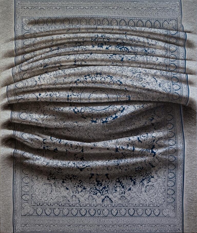 Antonio Santín presenting new paintings exhibition at Marc Straus Gallery Fine Persian rug with intricate floral oriental design and blue accents draped on a neutral surface.