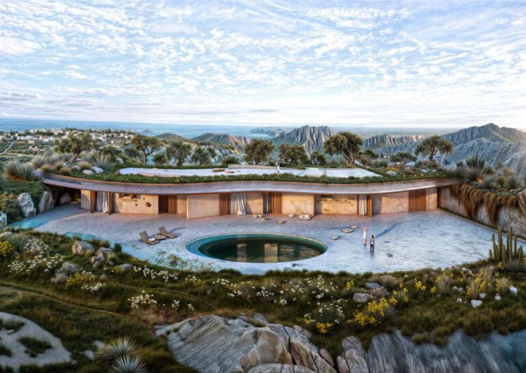 VAstudio's FPx + Residence embraces Cretan tradition with sustainable design Luxurious hillside pool with mountain views and desert landscape, modern architectural design.