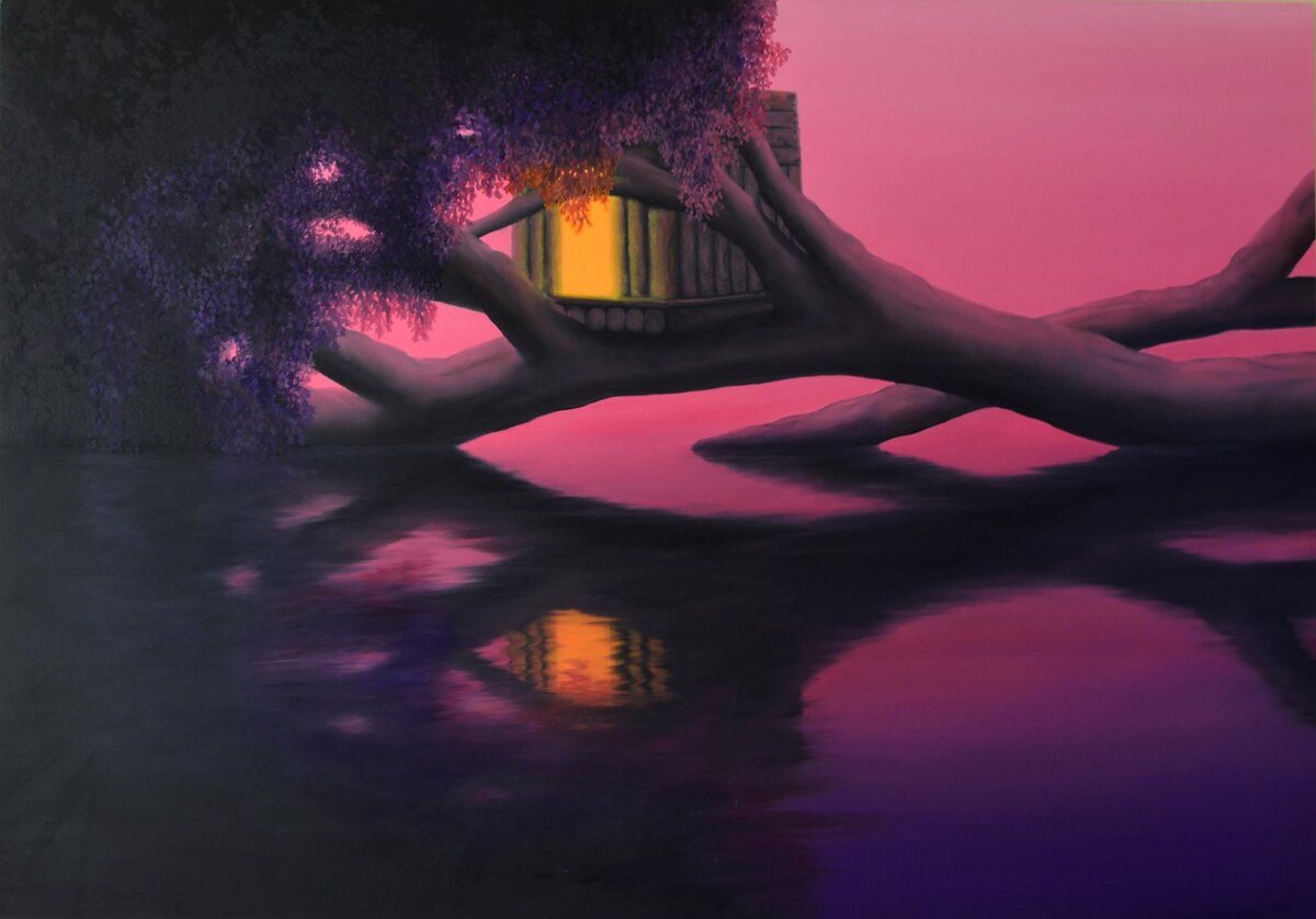 Glossy treehouse with purple wisteria hanging over a calm reflective lake at sunset, digital art fantasy scene.