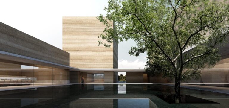 JSPA Design’s winery Châteauneuf-du-Pape harmonizing tradition and innovation Modern minimalist architectural design featuring a reflective pool and lush green tree.