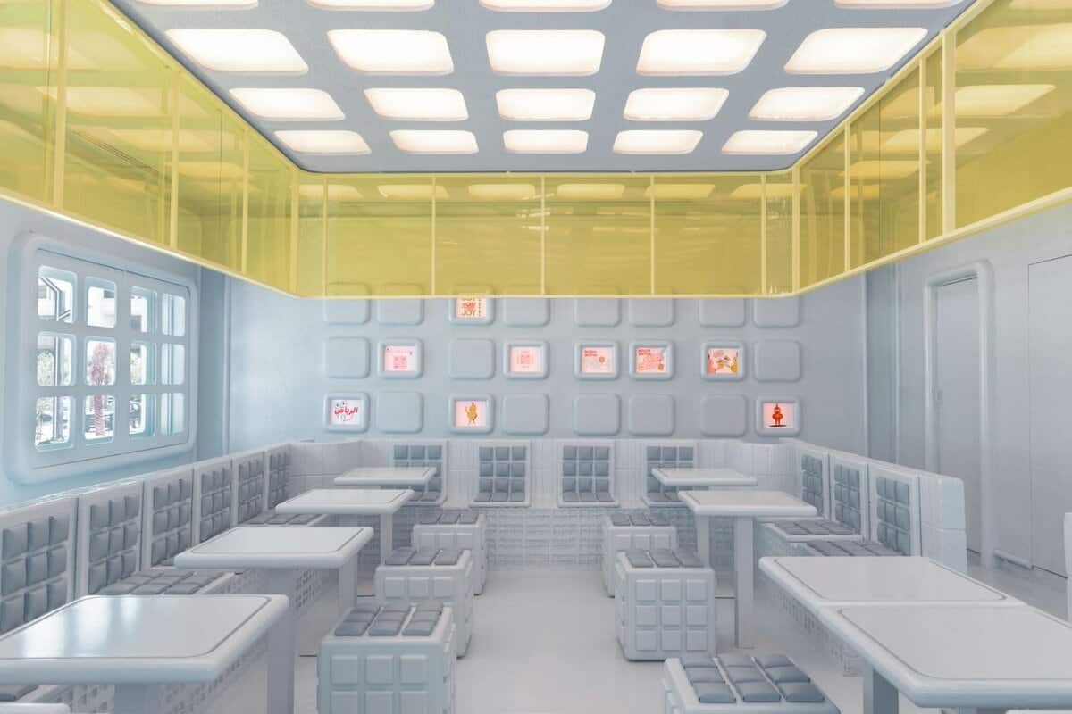 Bright, modern interior with cube seating and geometric ceiling design at a trendy cafe.