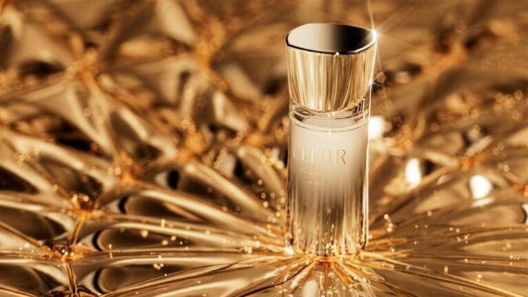 GOOSEBUMPS masterfully visualizing the innovation of Shiseido serum Evoking luxury: a sleek perfume bottle with gold accents on a metallic gold surface.