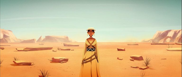 Screeaam, an evocative animated short film by PlusOne® Pictures Desert landscape illustration with a woman wearing traditional attire in a dry, rocky terrain with sparse vegetation and distant mountains.