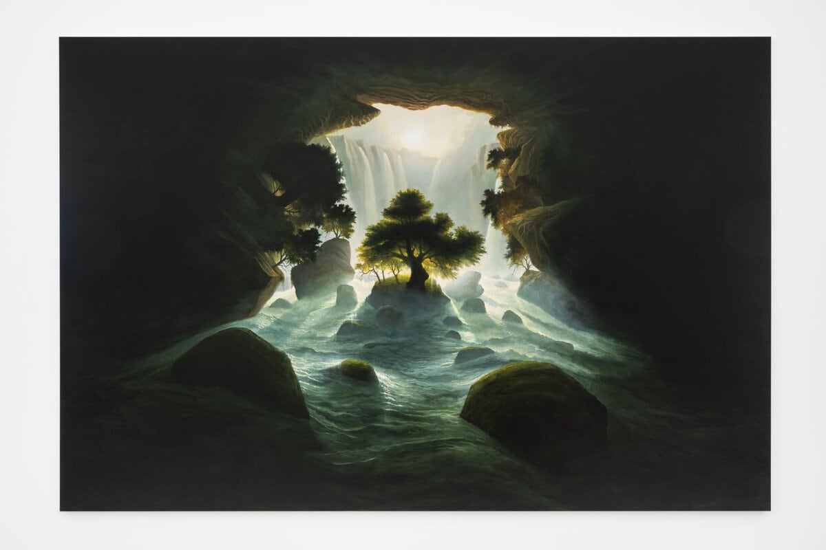 Mystical cave landscape with waterfalls, trees, and flowing water, highlighting natural beauty and serenity.