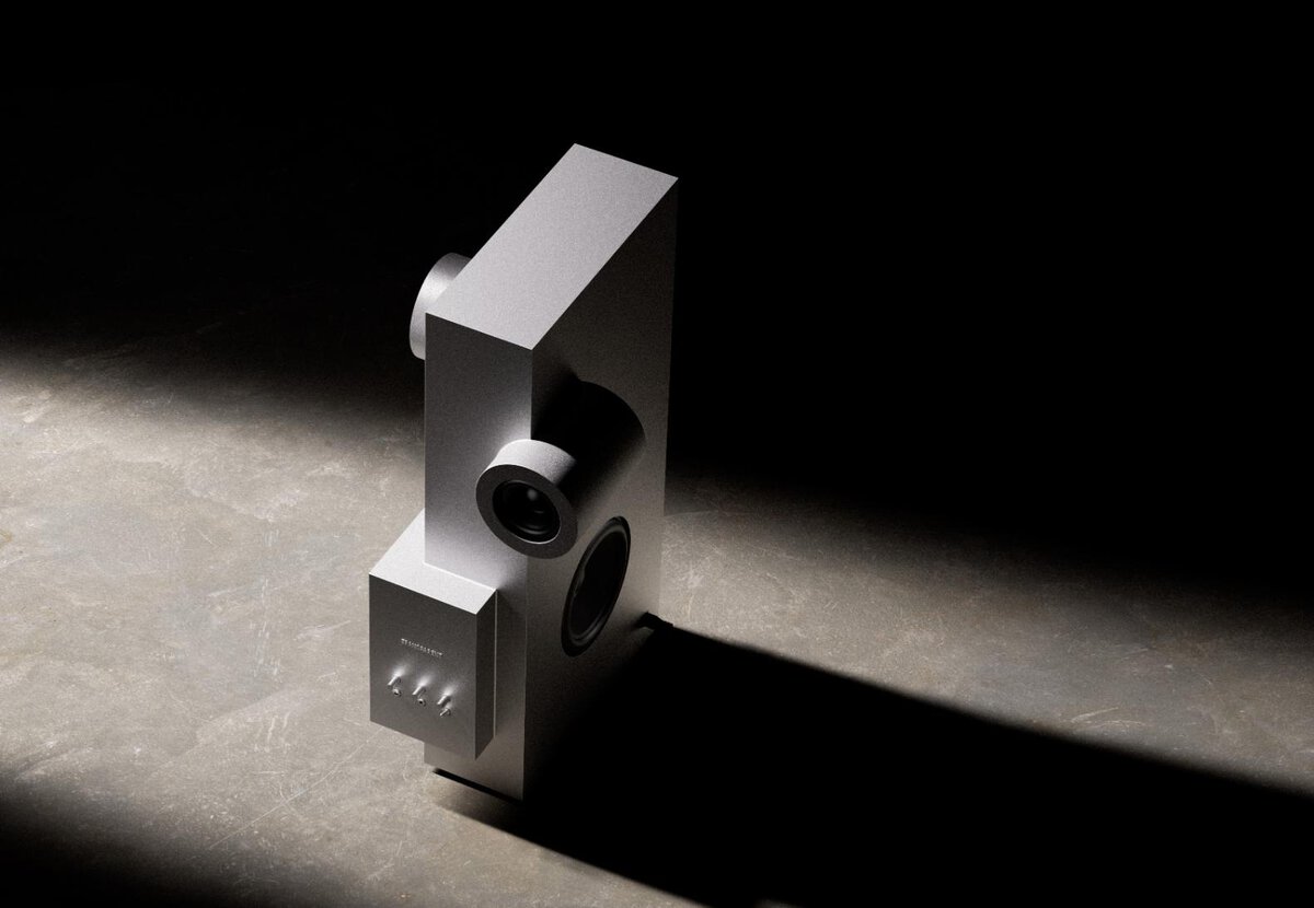 High-end modern speaker with sleek metallic design and black accents for premium audio quality.