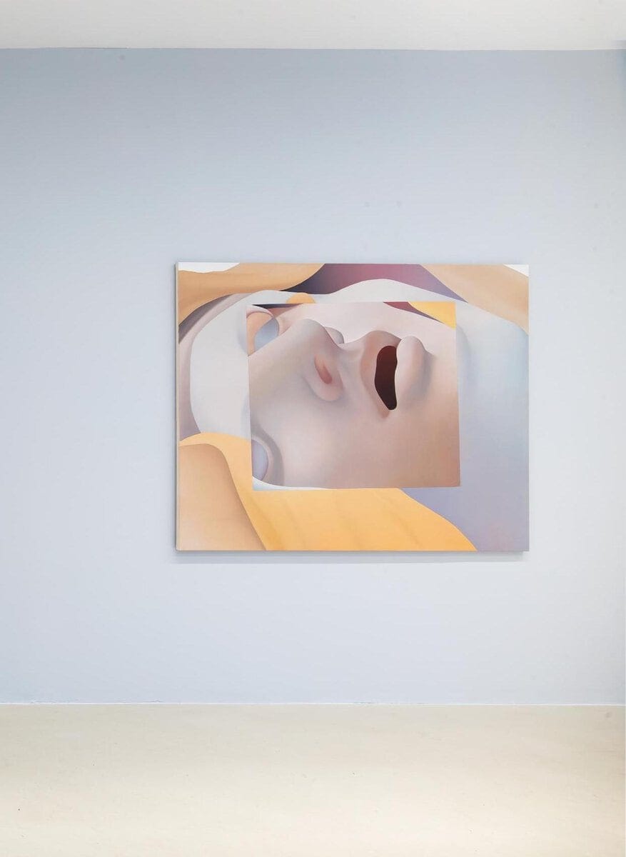 Abstract female face painting with soft pastel colors in contemporary art style.