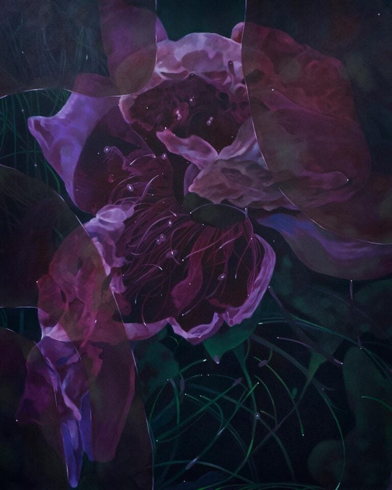 In conversation with Xinyi Qin on painting plants as emotional resilience Vivid digital art of purple and pink flowers with abstract black background and glowing details, created by Visual Atelier 8.