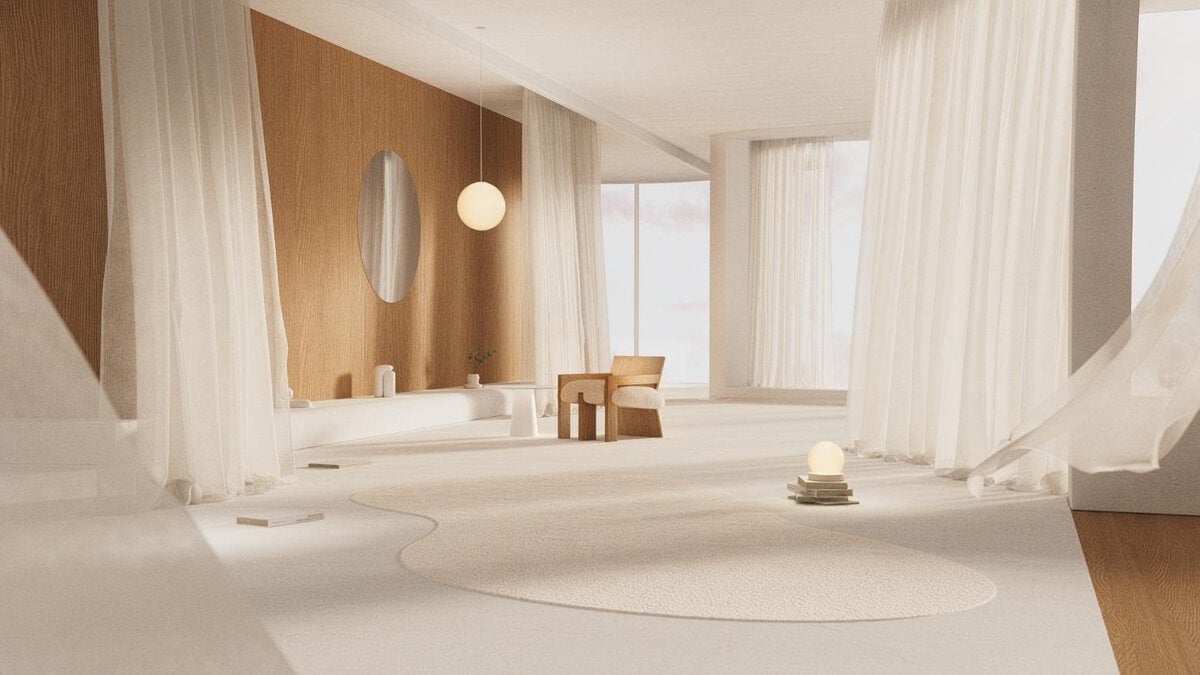 Soft neutral-toned living space with flowing white curtains and minimalist decor.