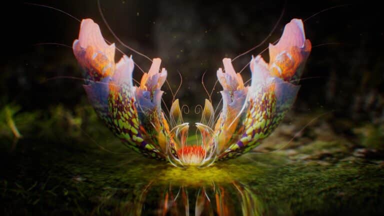 Duncan Elms directs a visual ode to creativity and nature for Camp Mograph Australia 2024 Brightly colored underwater sea creature resembling a coral or octopus with vibrant patterns and delicate tendrils, showcasing marine biodiversity.