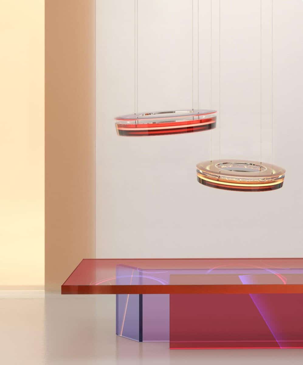 Suspended modern glass pendant lights with LED lighting.