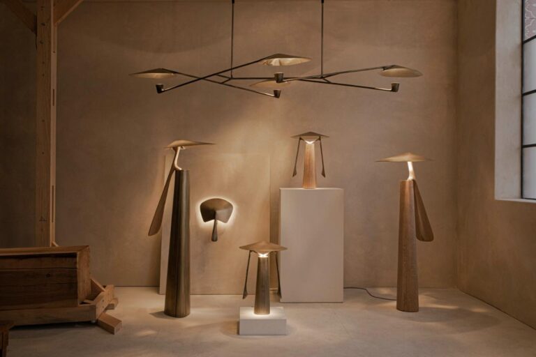 Folia Collection by Federico Stefanovich, poetic handcrafted lighting inspired by nature Contemporary wooden table lamps and sculptures in minimalist interior design setting.