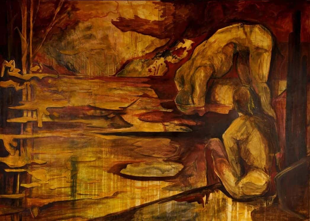 Dreamlike abstract painting with warm earthy tones and organic shapes, emphasizing emotional expression in fine art.