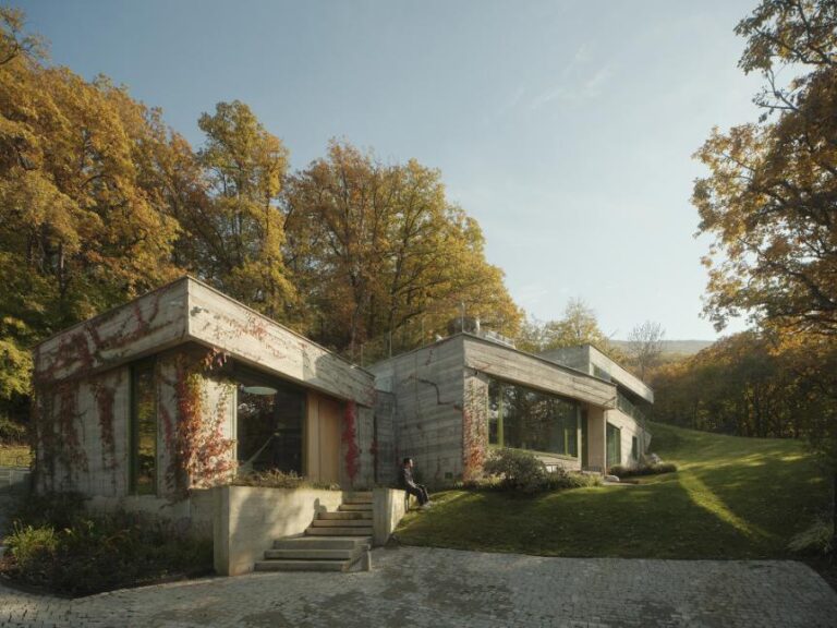 Akhaldaba Private House by MUA, a contemporary home in harmony with nature Contemporary concrete house with large windows surrounded by autumn trees.