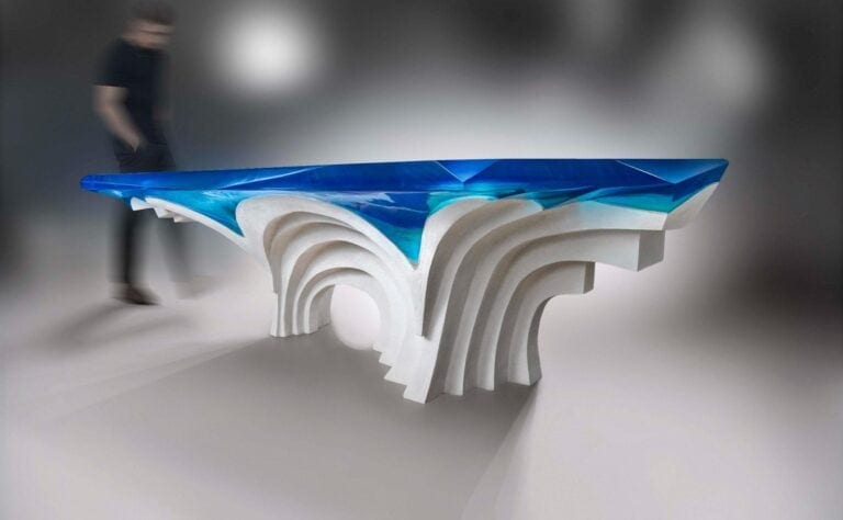 Oneero Table by Eduard Locota, a sculptural piece of balance and light Futuristic modern art sculpture with flowing white and blue elements, innovative design, contemporary decor focal point.