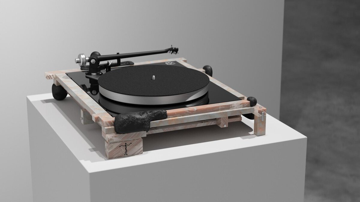 Turntable record player with wooden frame and black platter, modern DJ equipment on display.