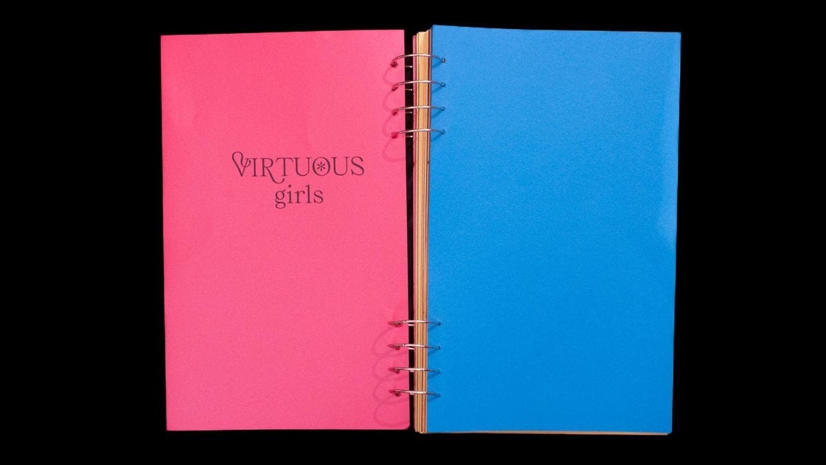 Virtuous girls notebook with pink and blue covers, spiral-bound journal for women, colorful stationery, creative office supplies, feminine design.