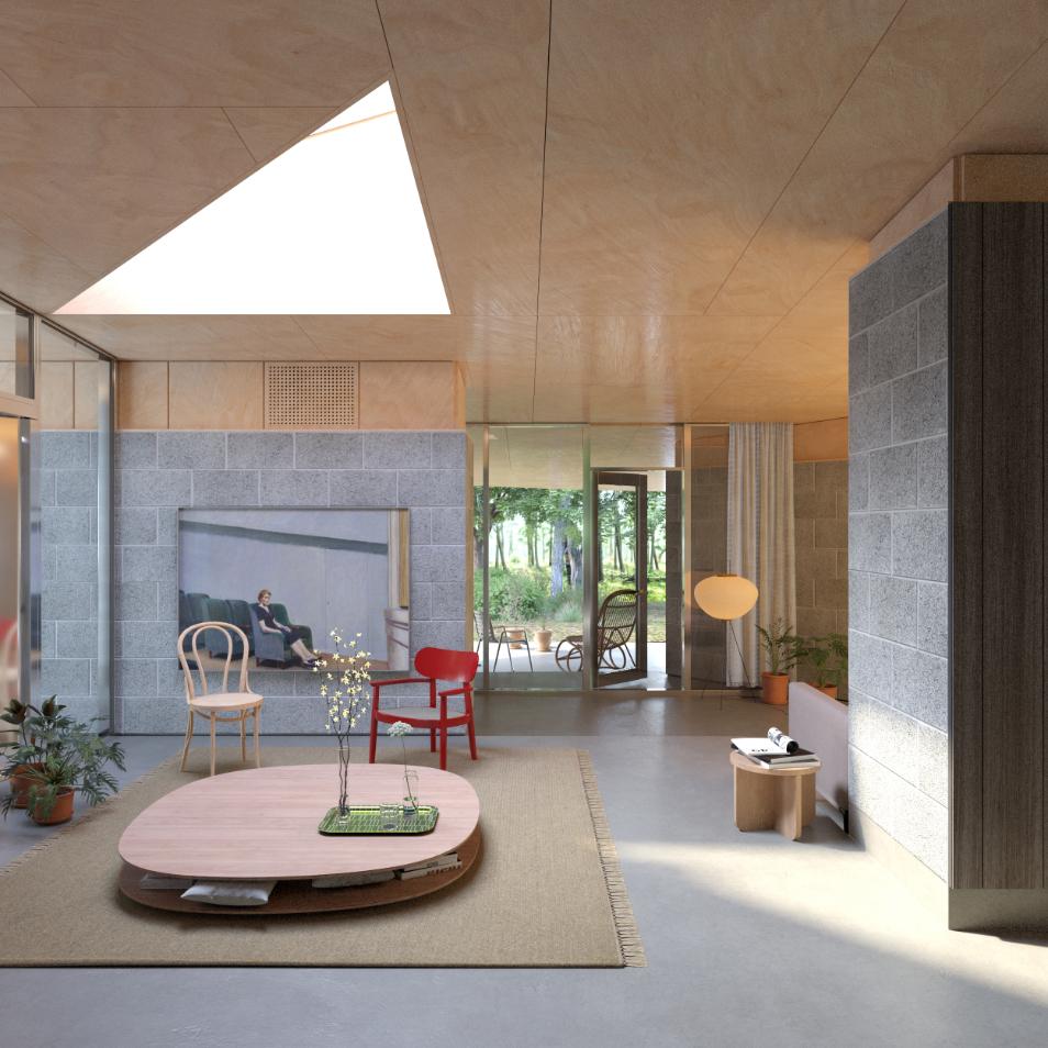 Geometric skylights in the roof, bringing natural light into the living areas