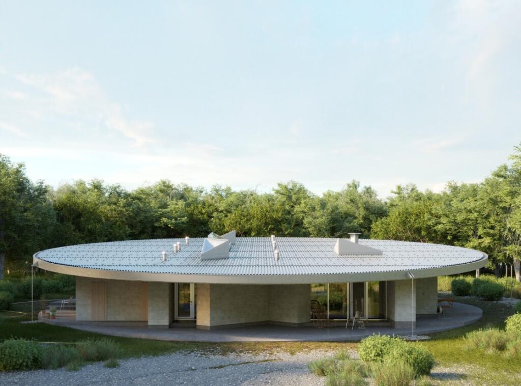 Modern forest retreat by Kwong Von Glinow with a circular footprint, cinder-block walls, and a sloping corrugated roof