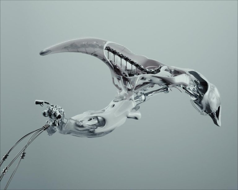 Interview with Lisa Meinesz on future forms and digital sculpting Metal robotic bird with sleek, futuristic design and visible mechanical components.