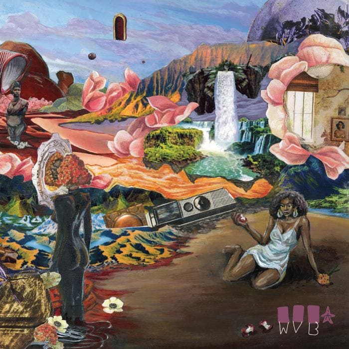 Vibrant surreal collage artwork featuring waterfalls, mountains, a woman holding an apple, and abstract elements, emphasizing creative artistic expression.