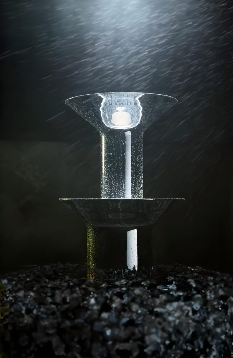 NOVI Vase by Alain Gilles, a celebration of Topázio's 150 years Elegant modern outdoor water fountain illuminated at night, showcasing sleek minimalist design.