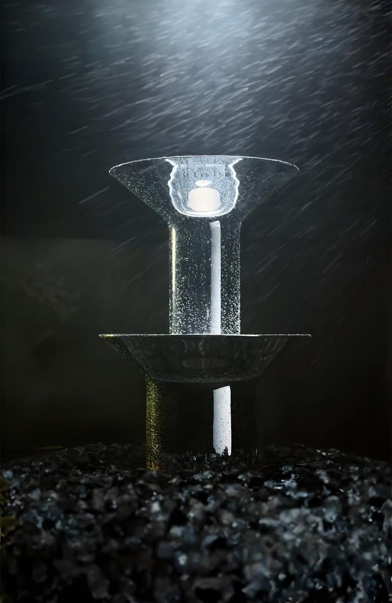 Elegant modern outdoor water fountain illuminated at night, showcasing sleek minimalist design.