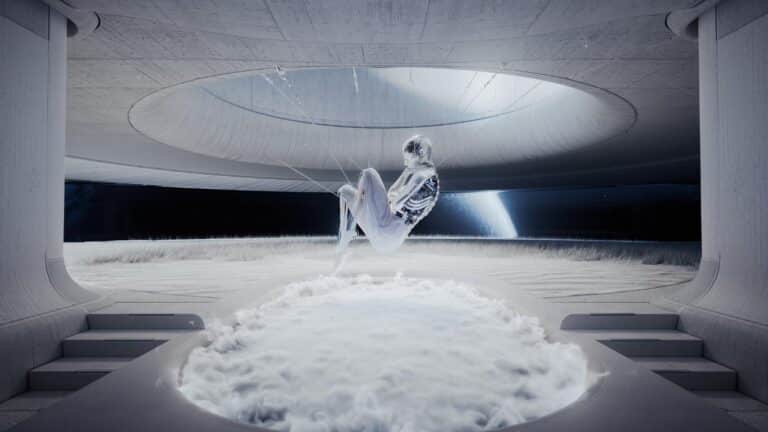 Origin by FPA: A visual journey from nothingness to creation Futuristic astronaut floating inside a sleek, modern space station with a circular opening overhead.