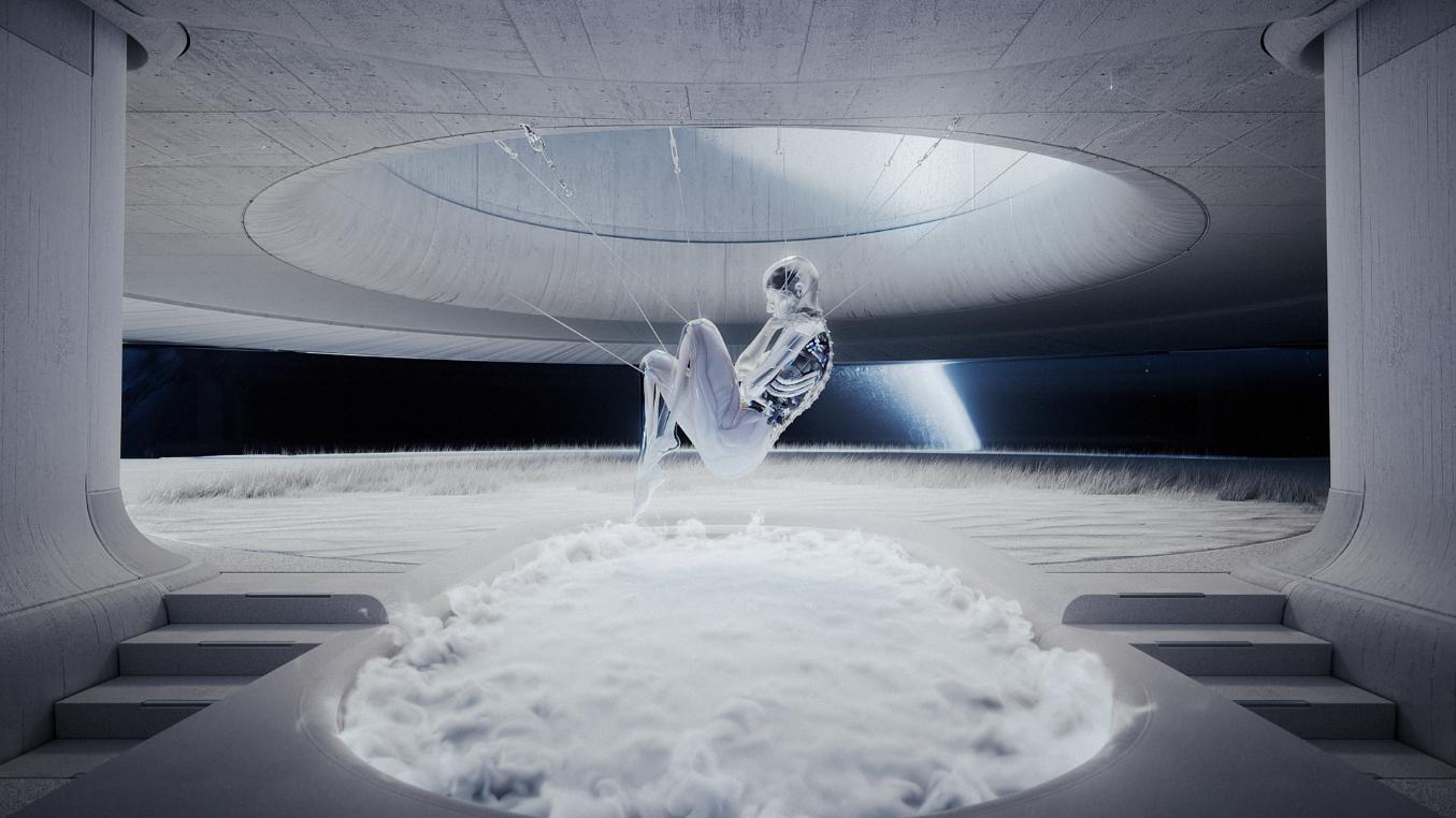Futuristic astronaut floating inside a sleek, modern space station with a circular opening overhead.