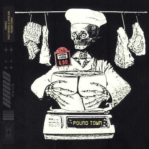 Skream, Partiboi69: Pound Town A skeleton chef with hanging meats and a scale displaying ‘- Pound Total’ in a black and white illustration.