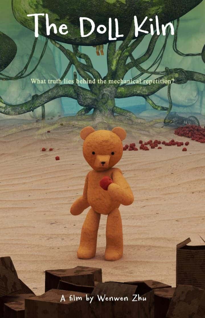 Doll kiln teddy bear in front of animated tree with ropes and scattered red balls, film by Wwenen Zhu, artistic puppet art creation.