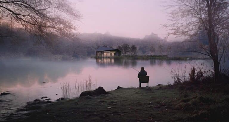 Atelier Architecture & Design revives Pilsworth Lake with sustainable design Tranquil lakeside scene at dawn with a person fishing and a house reflected in calm water, surrounded by mist and trees.