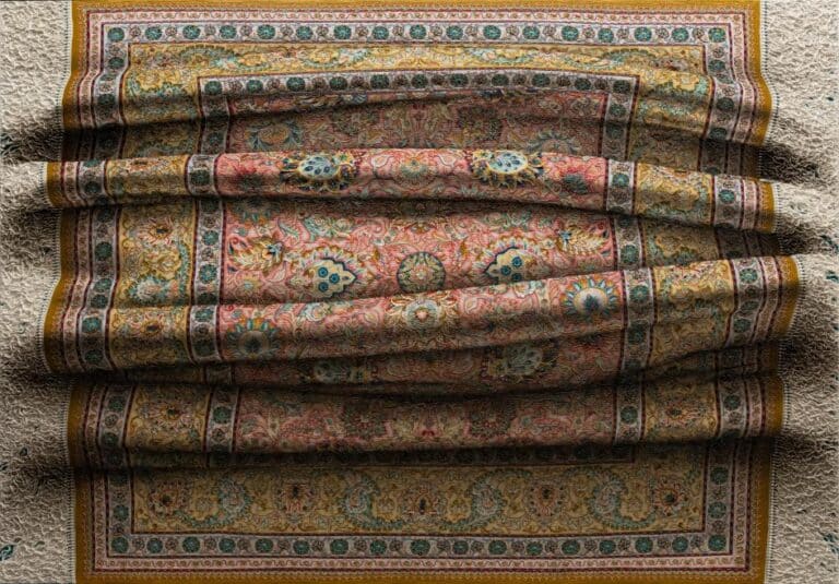 Interview with Antonio Santin on the intricate depth of rug painting Intricate Persian rug with floral and geometric patterns on a textured beige background.