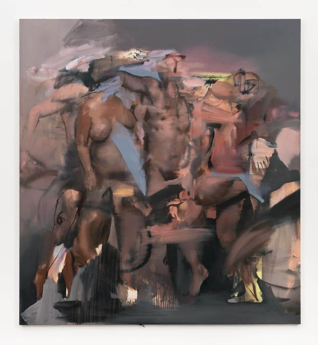 Abstract painting of intertwined human figures in earthy tones, emphasizing artistic expression and creativity.