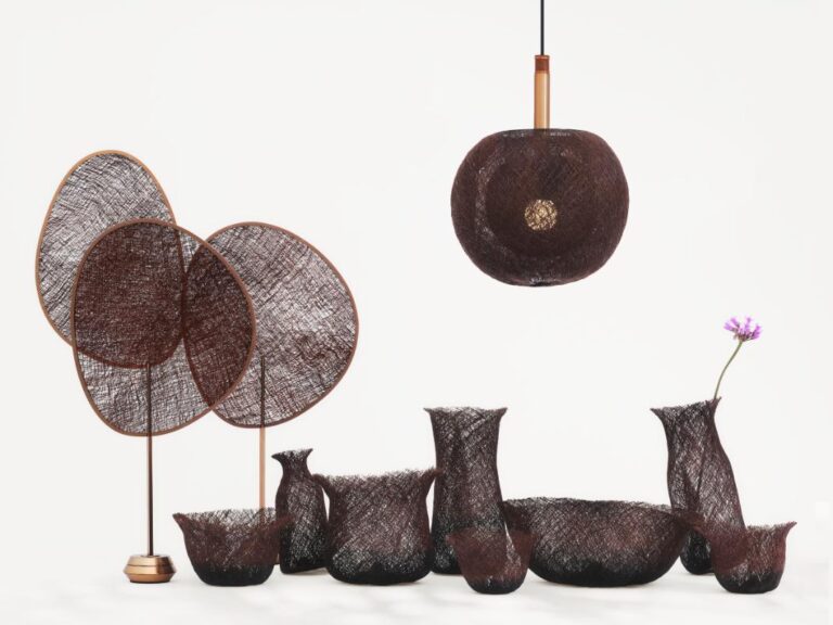 SUPER RAT crafts timeless sustainable objects from Japanese tradition Rust colored woven decor vases and hanging lamp from Visual Atelier 8.