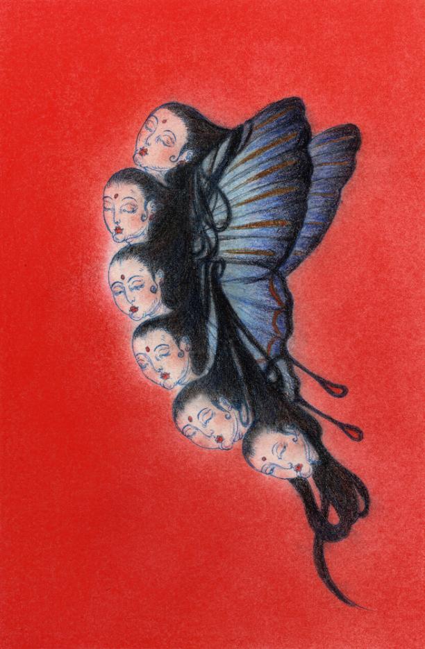 Colorful butterfly with human faces and expressive features on vibrant red background, blending surreal art and fantasy themes.