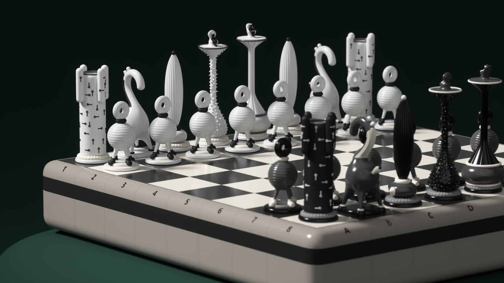 Futuristic black and white chess set with unique, modern design on a stylish chessboard.