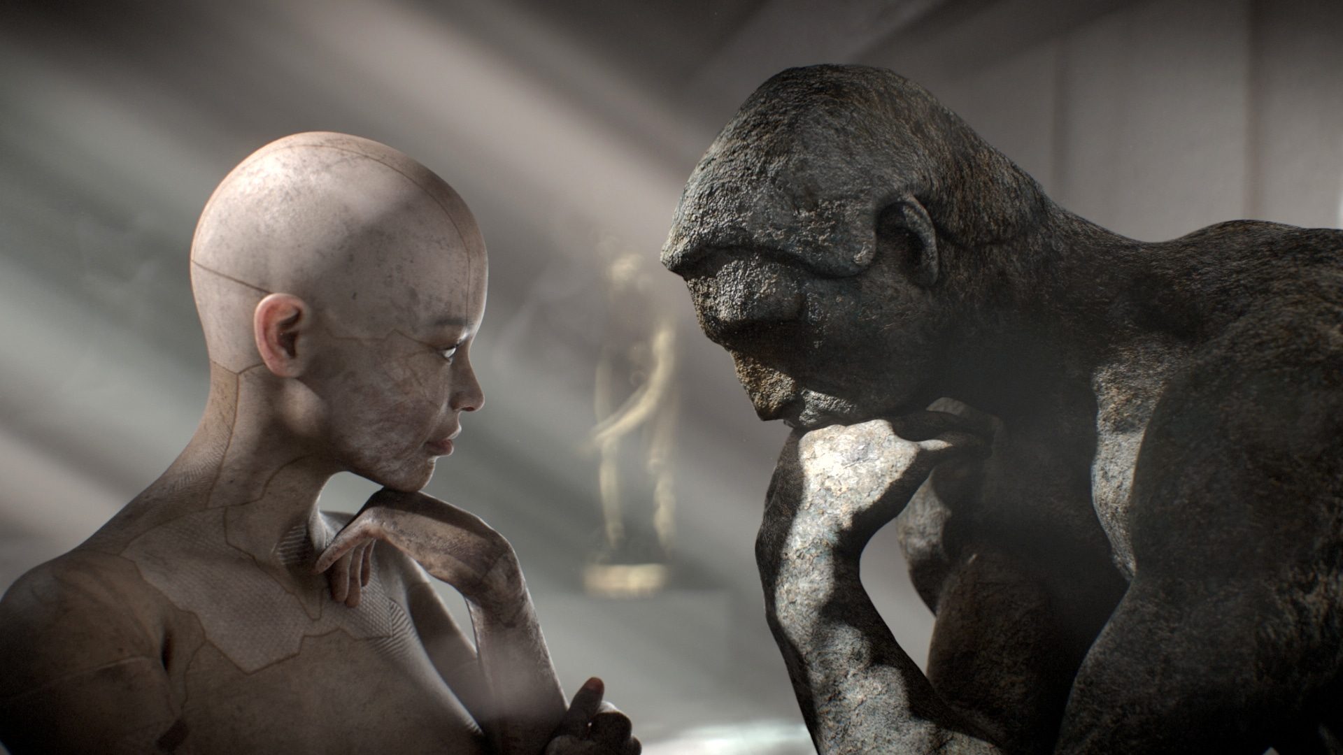 A contemplative humanoid robot and stone gorilla sculpture in a modern, artistic setting.