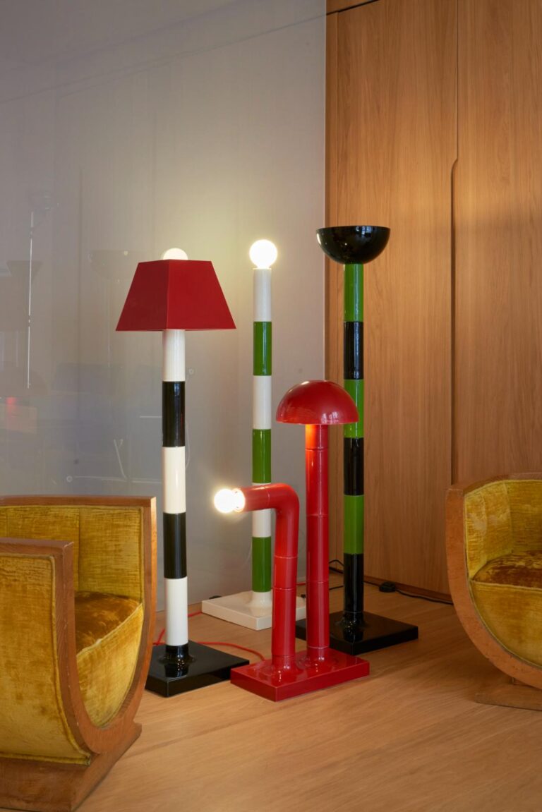 Adélie Ducasse lamps combine Parisian elegance with playful functionality Colorful modern floor lamps with geometric shapes in a stylish interior setting.