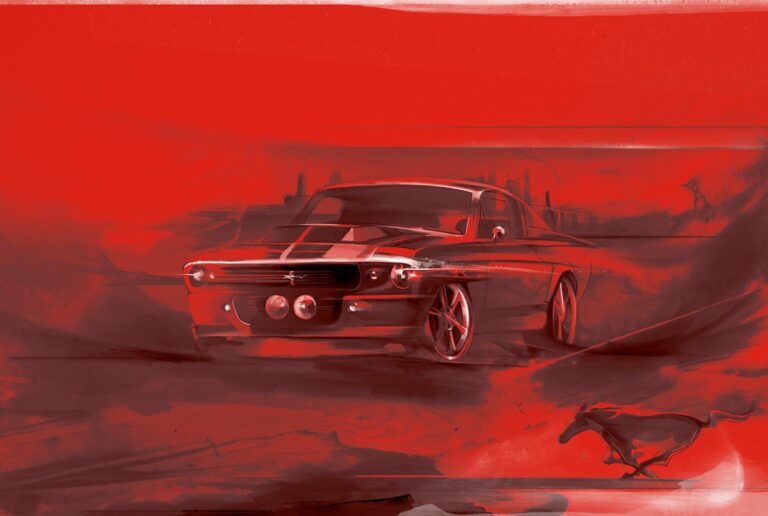 Alexis Marcou reimagines the Shelby Mustang in the Dark Horse Project Vintage Shelby Mustang car racing scene in a fiery red abstract background with a flying horse.