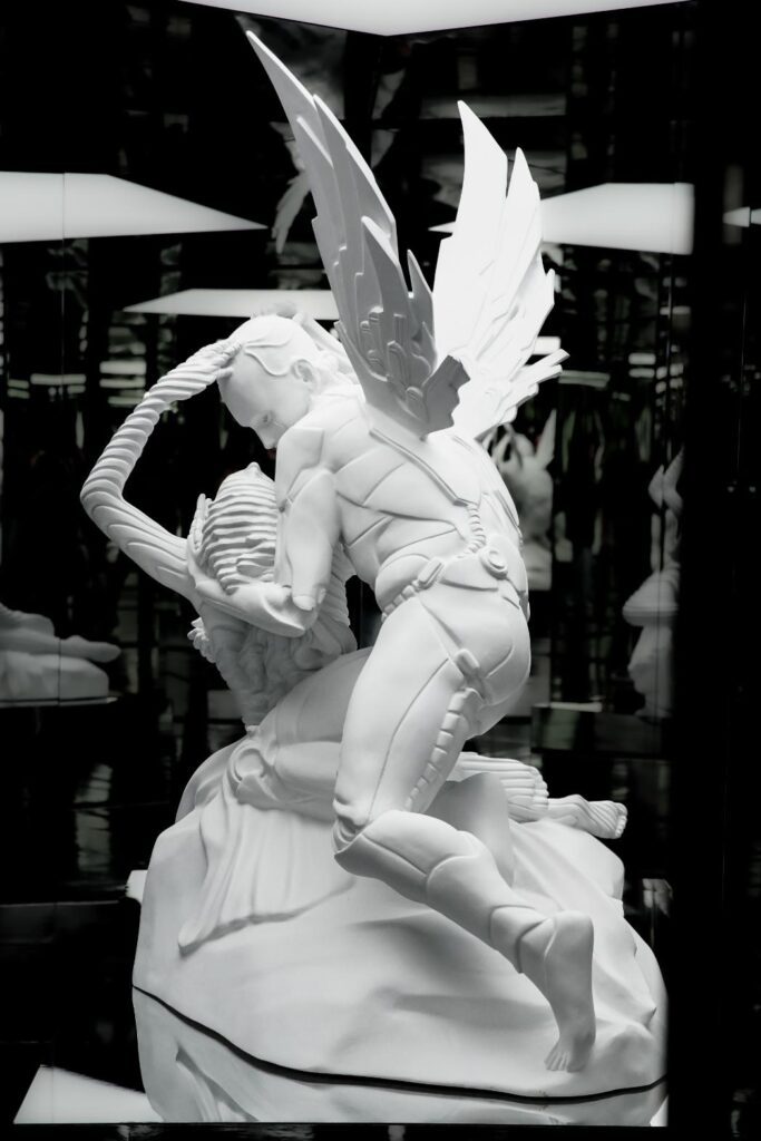 Futuristic reinterpretation of Canova’s Amore e Psiche in glowing neon light